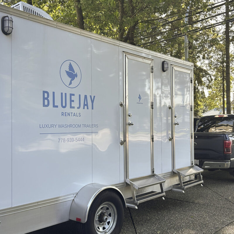 washroom trailer being parked in place after measured