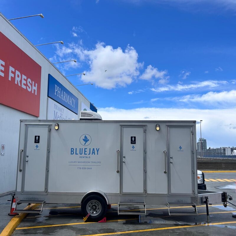 washroom trailer parked outside Joe Fresh